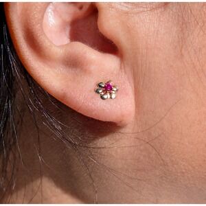14K Solid Gold Flower Stud Earrings, Fuchsia Pink Cubic Zirconia Floral Posts **